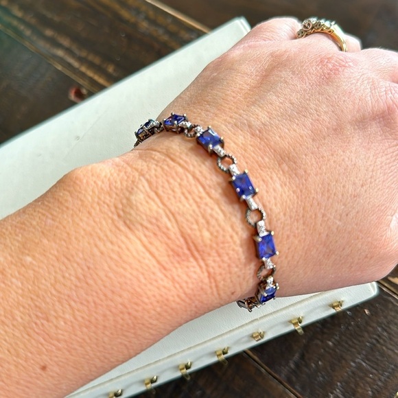 ADI 925 Sterling Silver Gold Overlay Tennis Bracelet Thailand 11 blue stones 🧊 - Picture 2 of 16